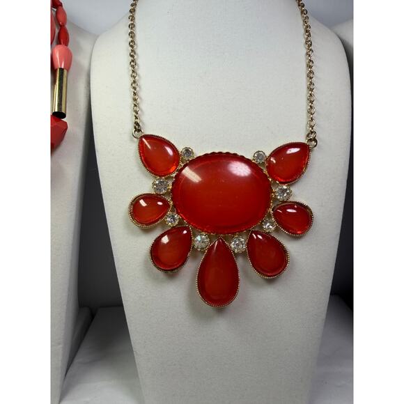 3 fire red orange pink statement bib flower floral bling enamel necklaces bundle - Picture 3 of 11
